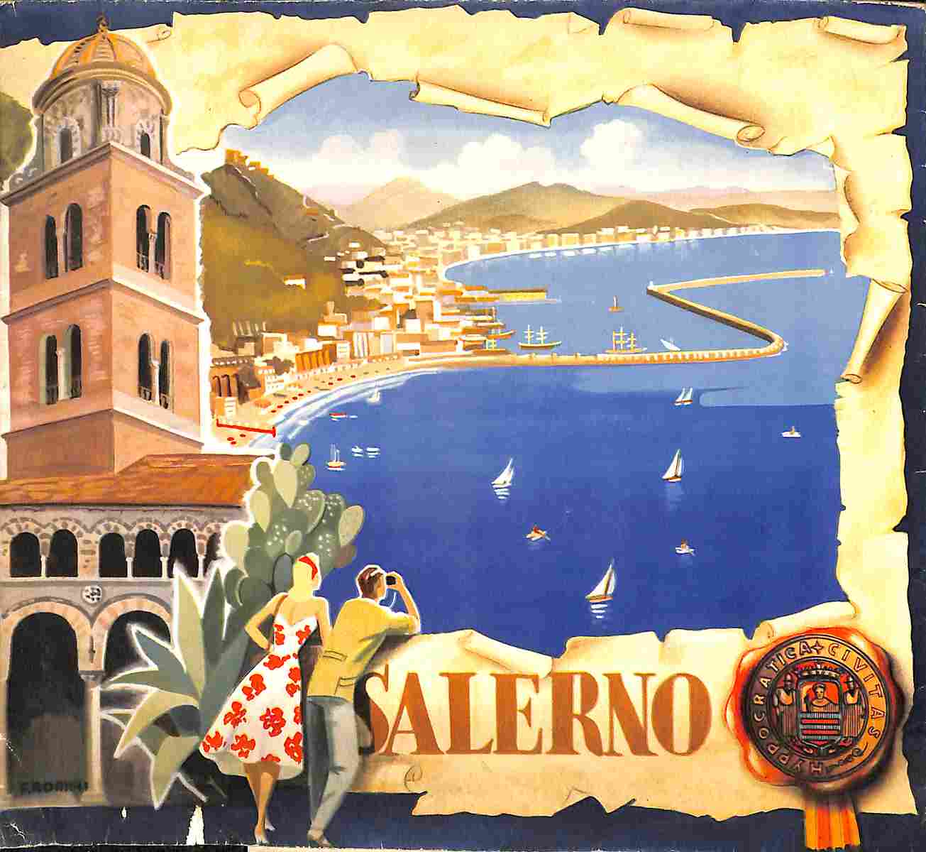 La Costiera amalfitana da Positano a Vietri. Brochure promozionale con illustrazioni di Filippo Romoli e carta di Aldo Cigheri